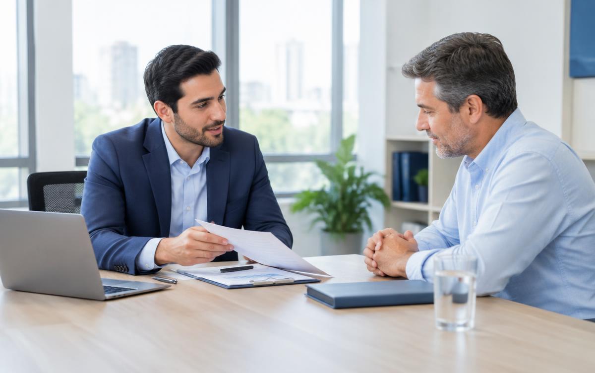 Consultor e cliente analisam uma proposta durante uma negociação comercial